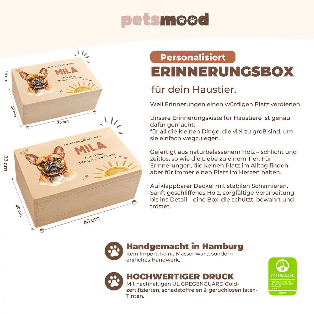 Personalisierte Spielzeugkiste Hund Sonne mit Streublumen – Detail Verarbeitung