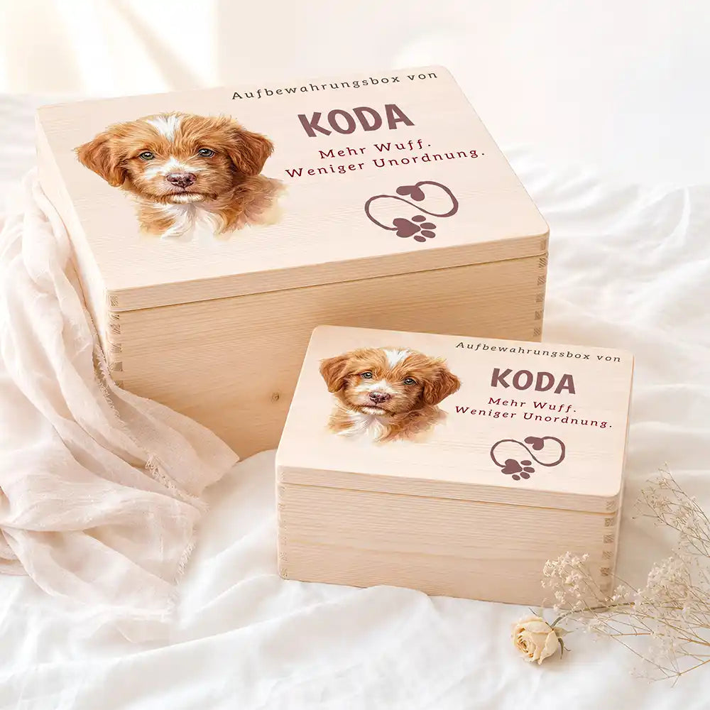 Personalisierte Aufbewahrungskiste Hund Mehr Wuff (Herz-Pfote) – Etsy Hauptbild Hero mit French Bulldog (fawn) Variante 3