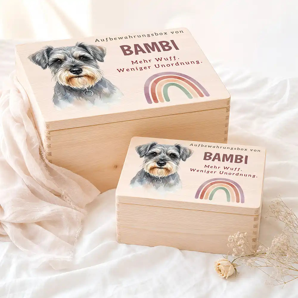 Personalisierte Aufbewahrungskiste Hund Regenbogen pastell – Etsy Hauptbild Hero mit Dackel Variante 3