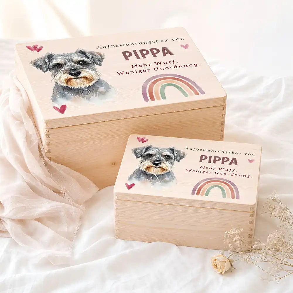 Personalisierte Aufbewahrungskiste Hund Regenbogen mit Herzen – Etsy Hauptbild Hero mit Australian Shepherd Variante 3