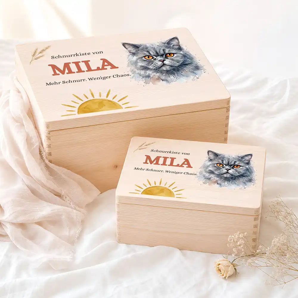 Personalisierte Aufbewahrungskiste Katze Schnurrkiste Sonnenaufgang – Etsy Hauptbild Hero mit Perserkatze / Himalayan Vari...