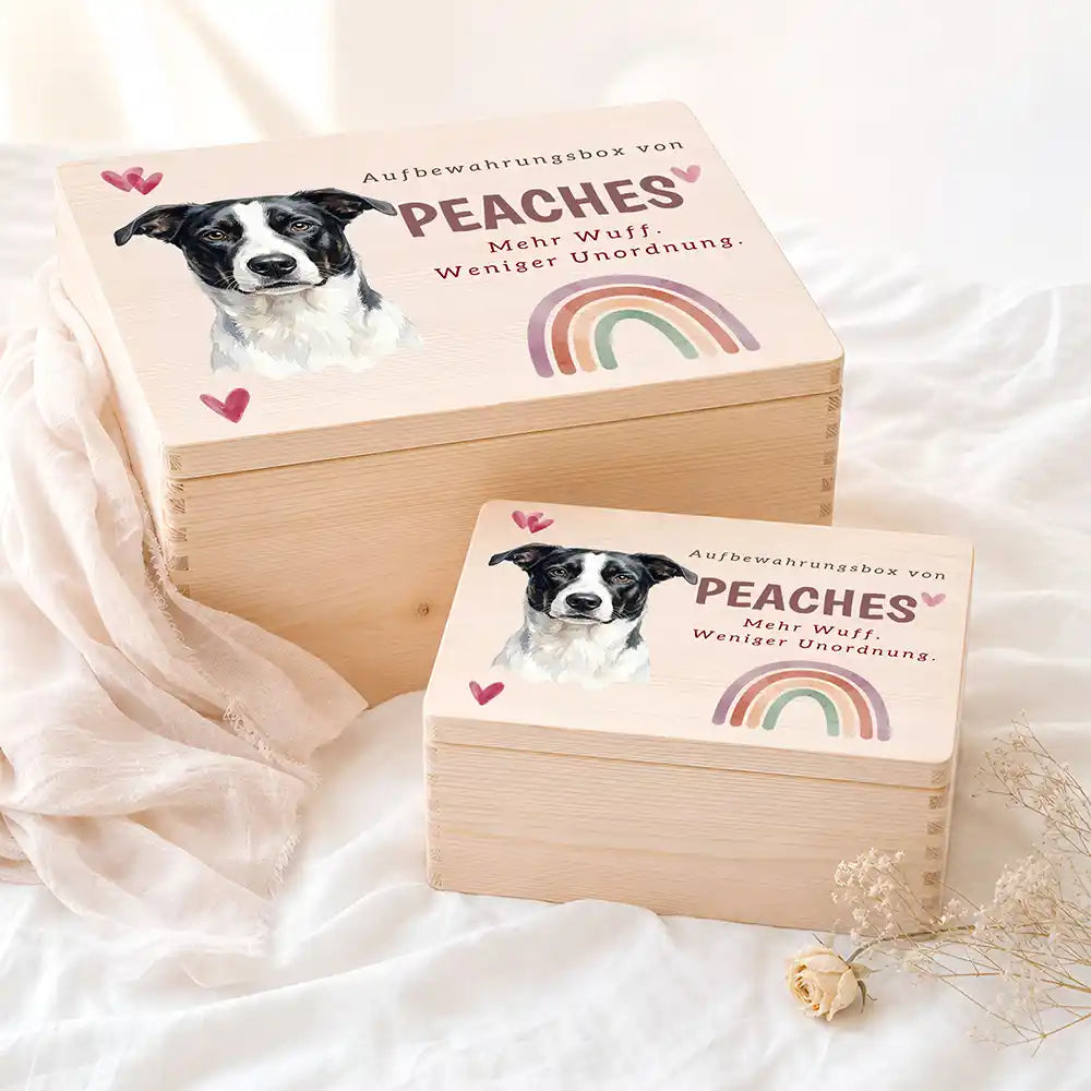 Personalisierte Aufbewahrungskiste Hund Regenbogen mit Herzen – Etsy Hauptbild Hero mit Australian Shepherd Variante 5