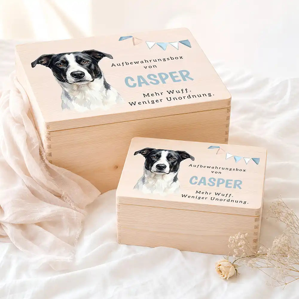 Personalisierte Aufbewahrungskiste Hund Wimpelkette blau – Etsy Hauptbild Hero mit Australian Shepherd Variante 5