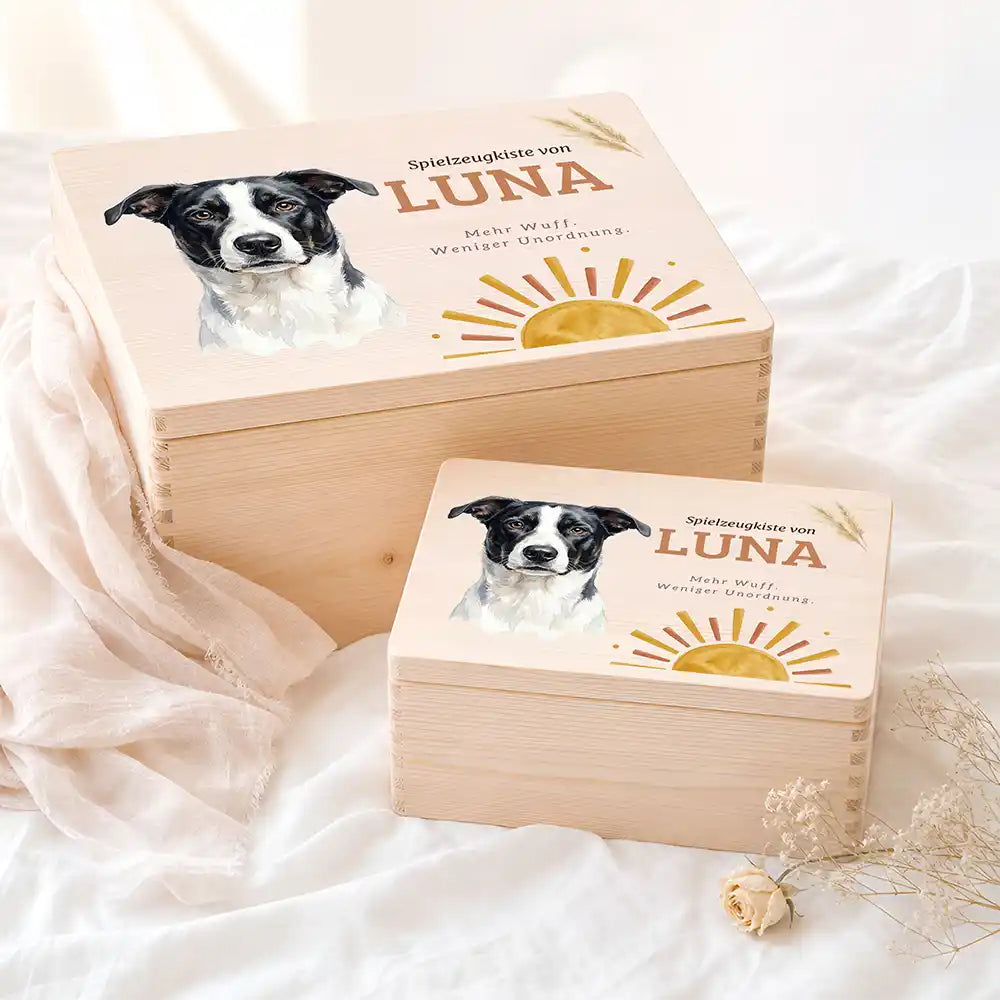 Personalisierte Spielzeugkiste Hund Sonnenaufgang Boho – Etsy Hauptbild Hero mit French Bulldog (fawn) Variante 5