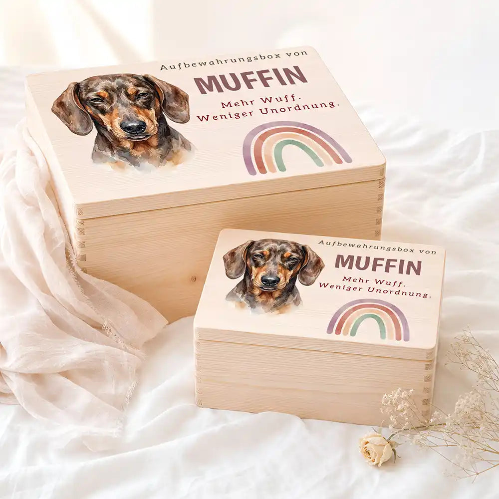 Personalisierte Aufbewahrungskiste Hund Regenbogen pastell – Etsy Hauptbild Hero