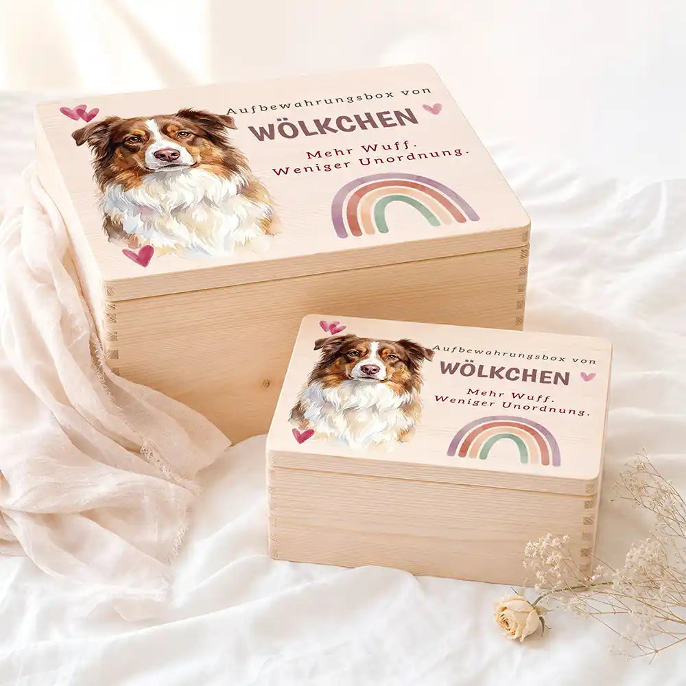 Personalisierte Aufbewahrungskiste Hund Regenbogen mit Herzen – Etsy Hauptbild Hero