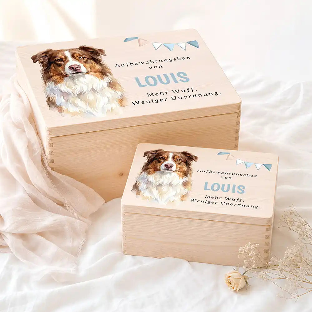 Personalisierte Aufbewahrungskiste Hund Wimpelkette blau – Etsy Hauptbild Hero