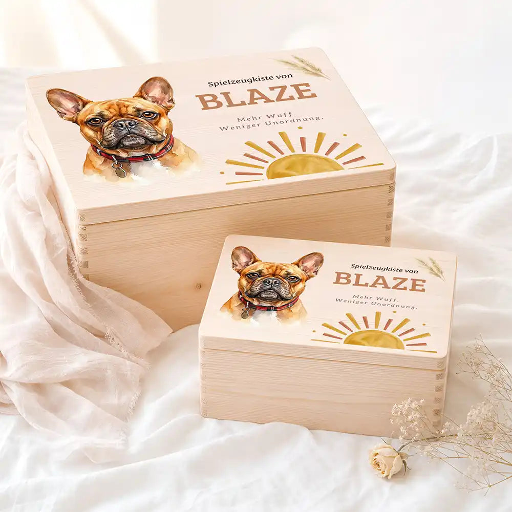 Personalisierte Spielzeugkiste Hund Sonnenaufgang Boho – Etsy Hauptbild Hero
