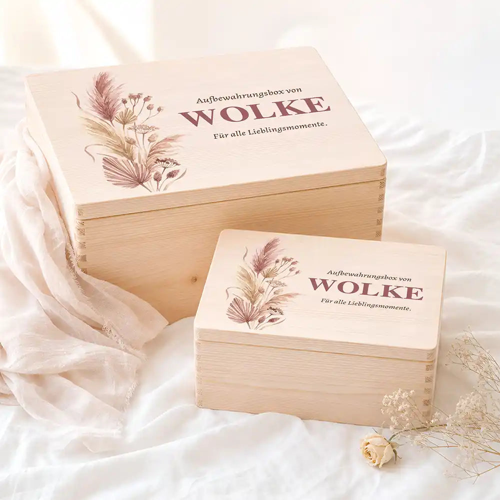 Personalisierte Aufbewahrungskiste Hund & Katze Pampagras Boho – Etsy Hauptbild Hero