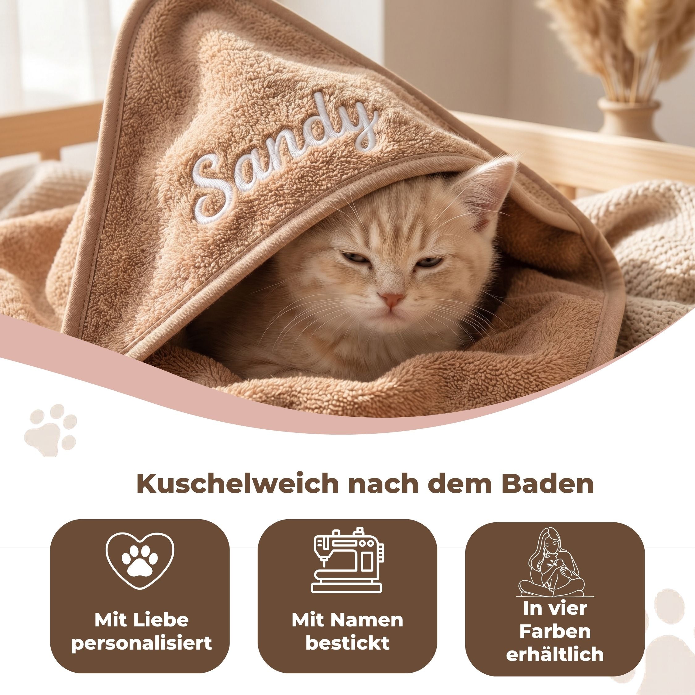 Personalisiertes Kapuzenhandtuch Haustier – Nougat mit Wunschname