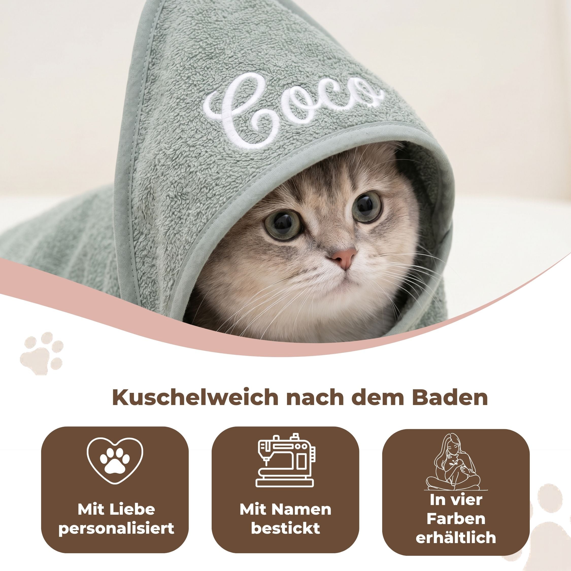 Personalisiertes Kapuzenhandtuch Haustier – Mintgrün mit Wunschname