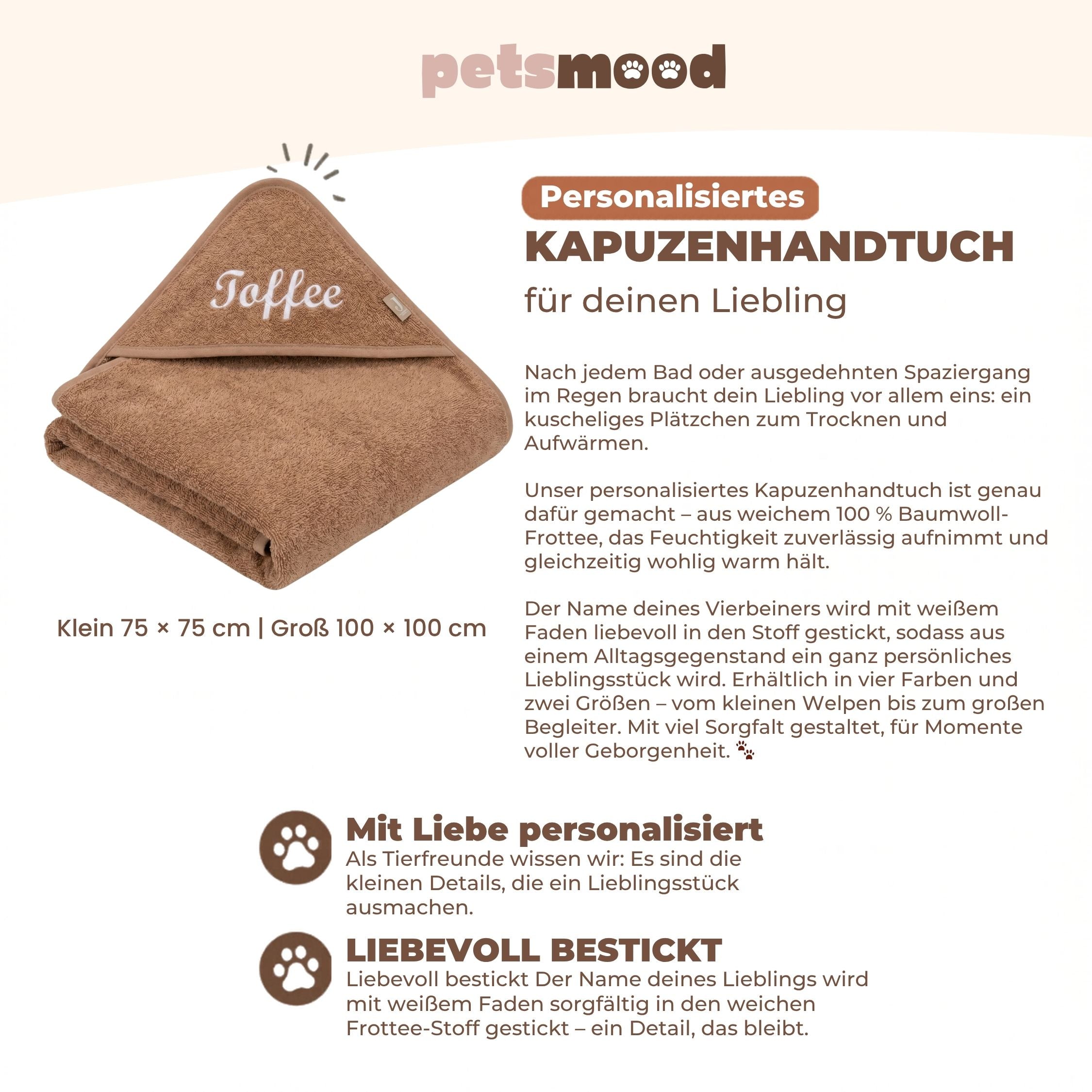 Personalisiertes Kapuzenhandtuch Haustier – Nougat mit Wunschname