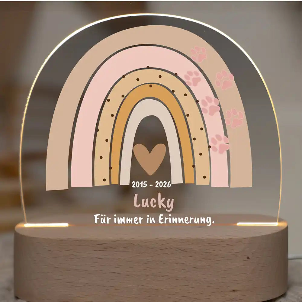 Personalisiertes Nachtlicht Haustier Andenken Boho-Regenbogen Pastell mit Pfötchen – Studio Hauptbild