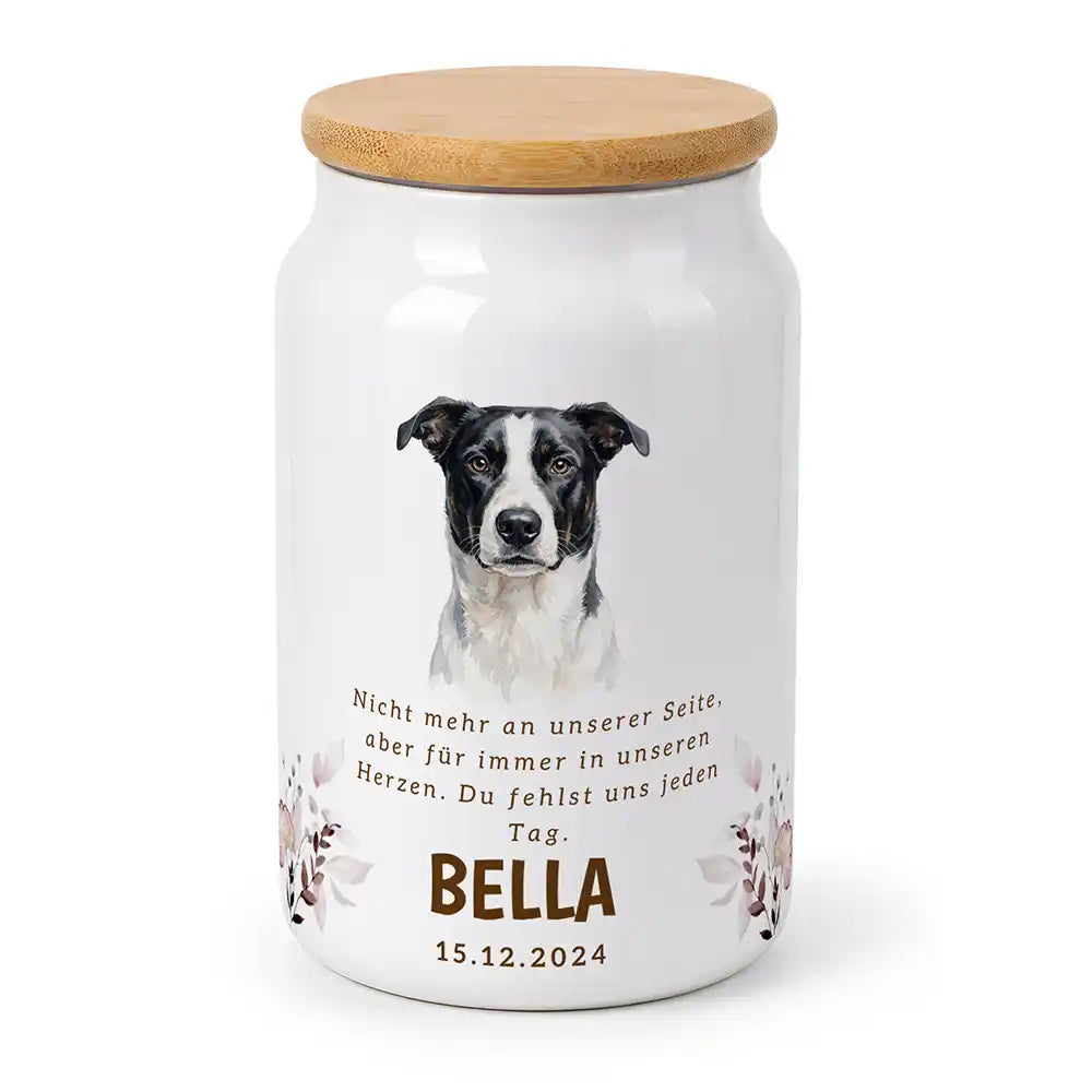 Personalisierte Hundeurne Foto & Wildblumen – Produktfoto aus weißer Keramik mit Bambusdeckel