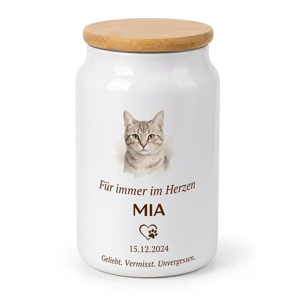 Personalisierte Katzenurne Foto klassisch – Produktfoto aus weißer Keramik mit Bambusdeckel