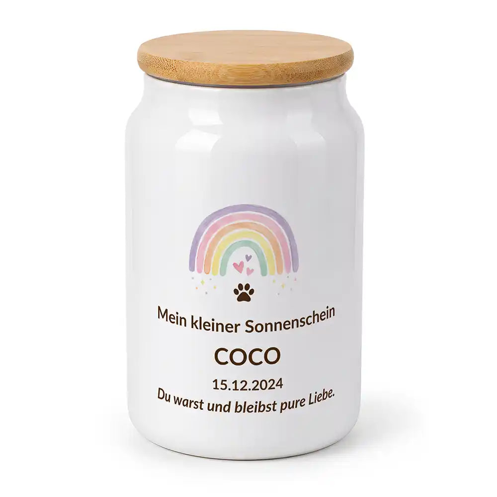 Personalisierte Tierurne Regenbogen Pastell – Produktfoto aus weißer Keramik mit Bambusdeckel