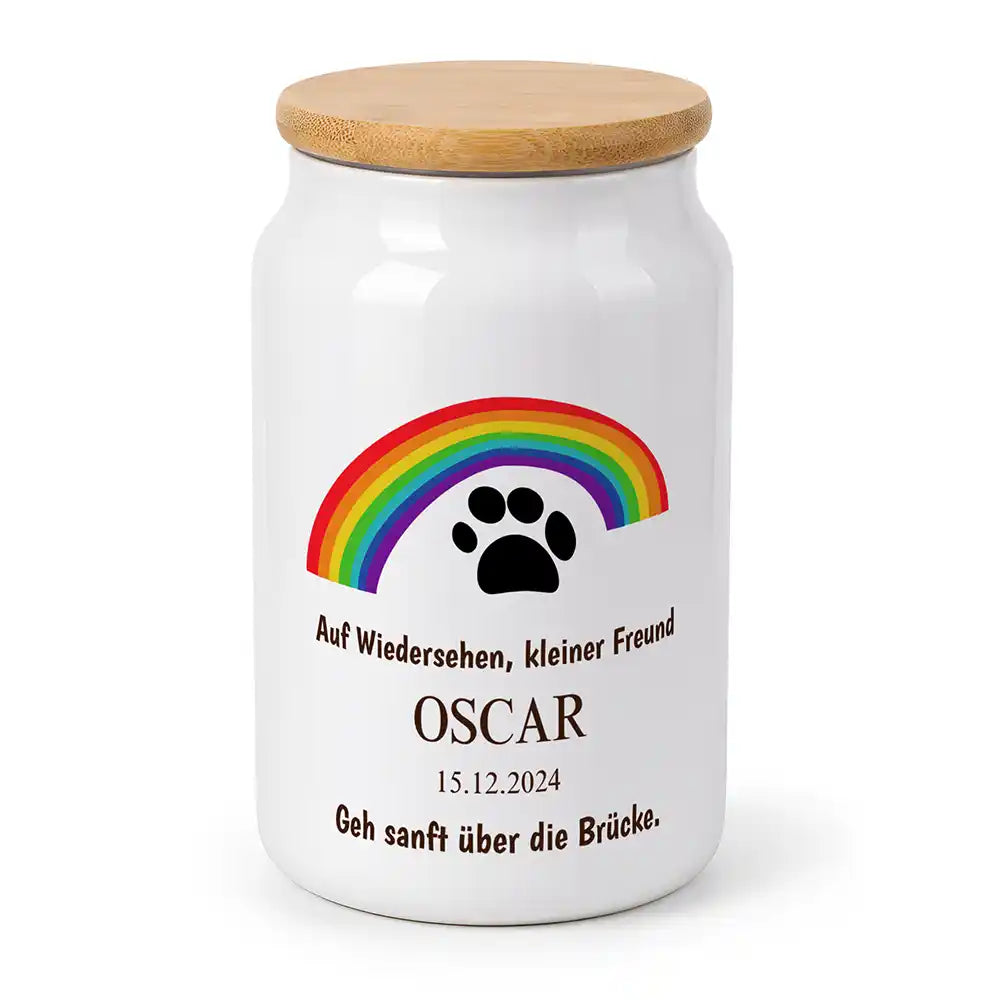 Personalisierte Tierurne Regenbogen Bunt – Produktfoto aus weißer Keramik mit Bambusdeckel