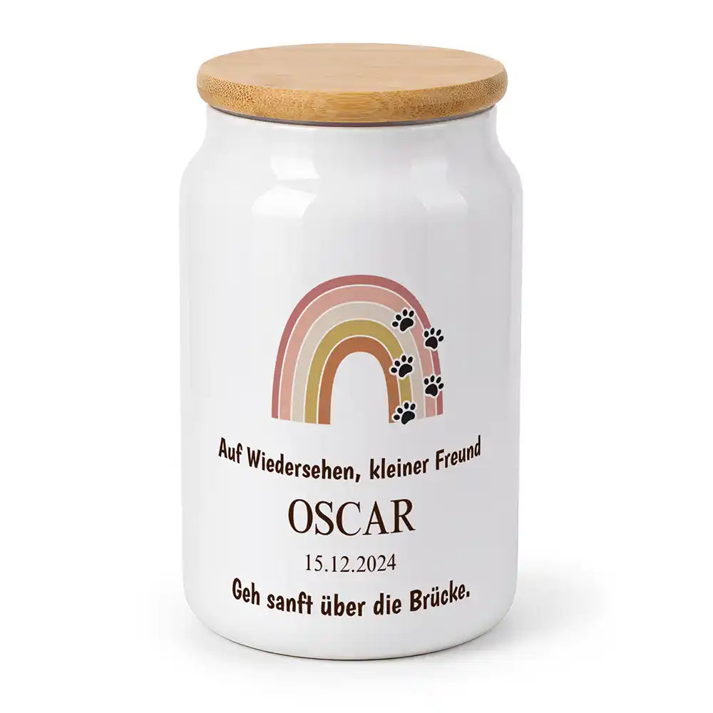 Personalisierte Tierurne Regenbogen Terracotta – Produktfoto aus weißer Keramik mit Bambusdeckel