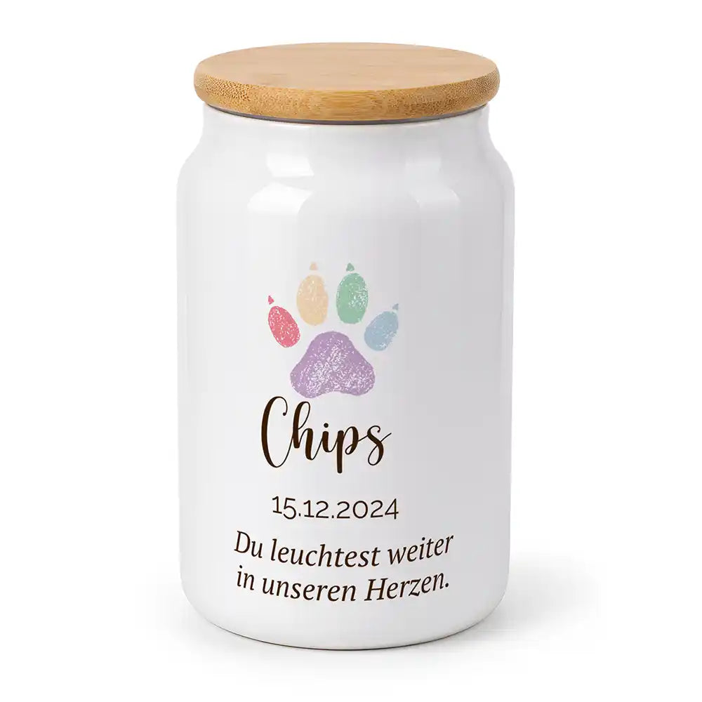 Personalisierte Tierurne Aquarell-Pfote – Produktfoto aus weißer Keramik mit Bambusdeckel