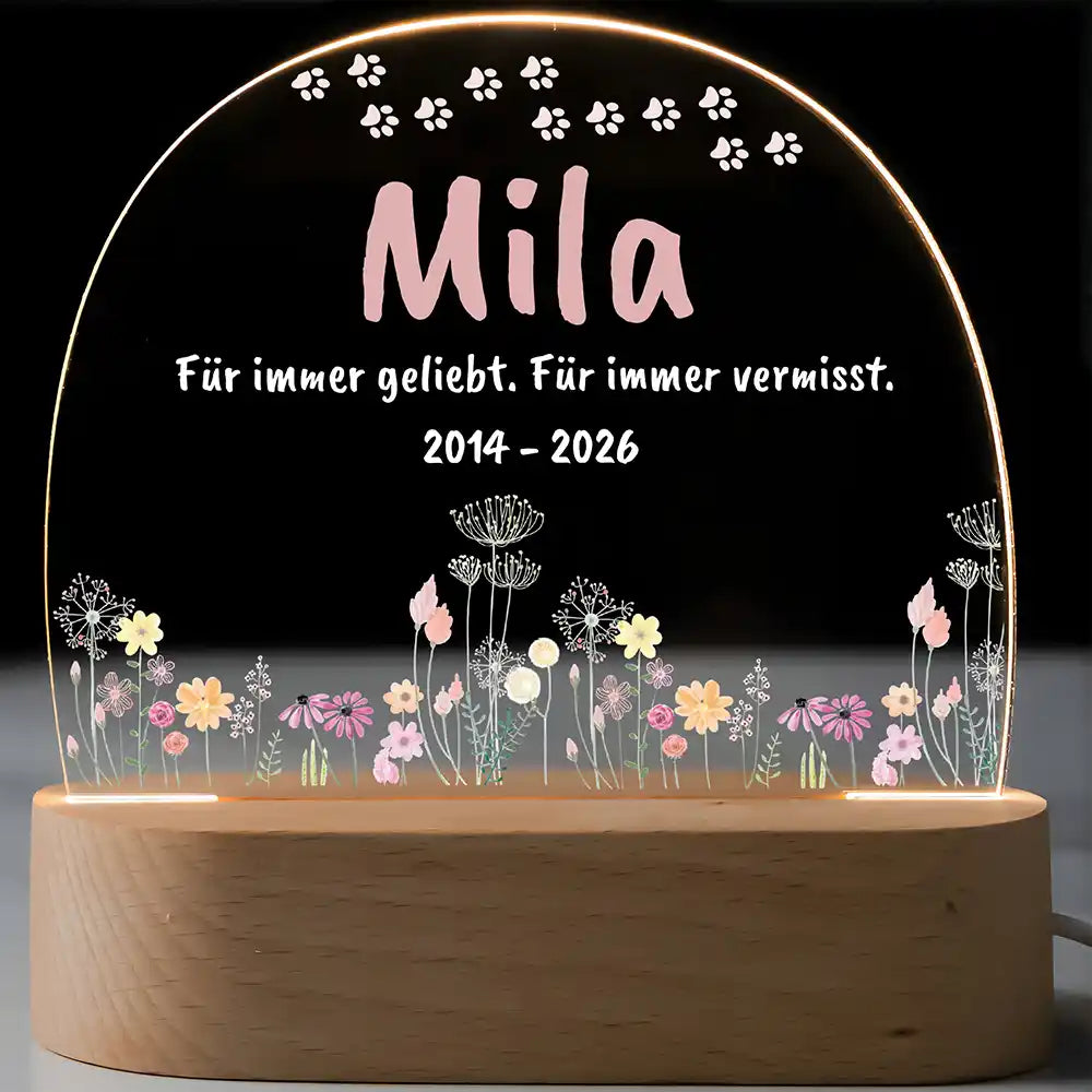 Personalisiertes Nachtlicht Haustier Andenken Wildblumen-Wiese mit Pfötchen-Bogen – Vorteile Lichtfarben