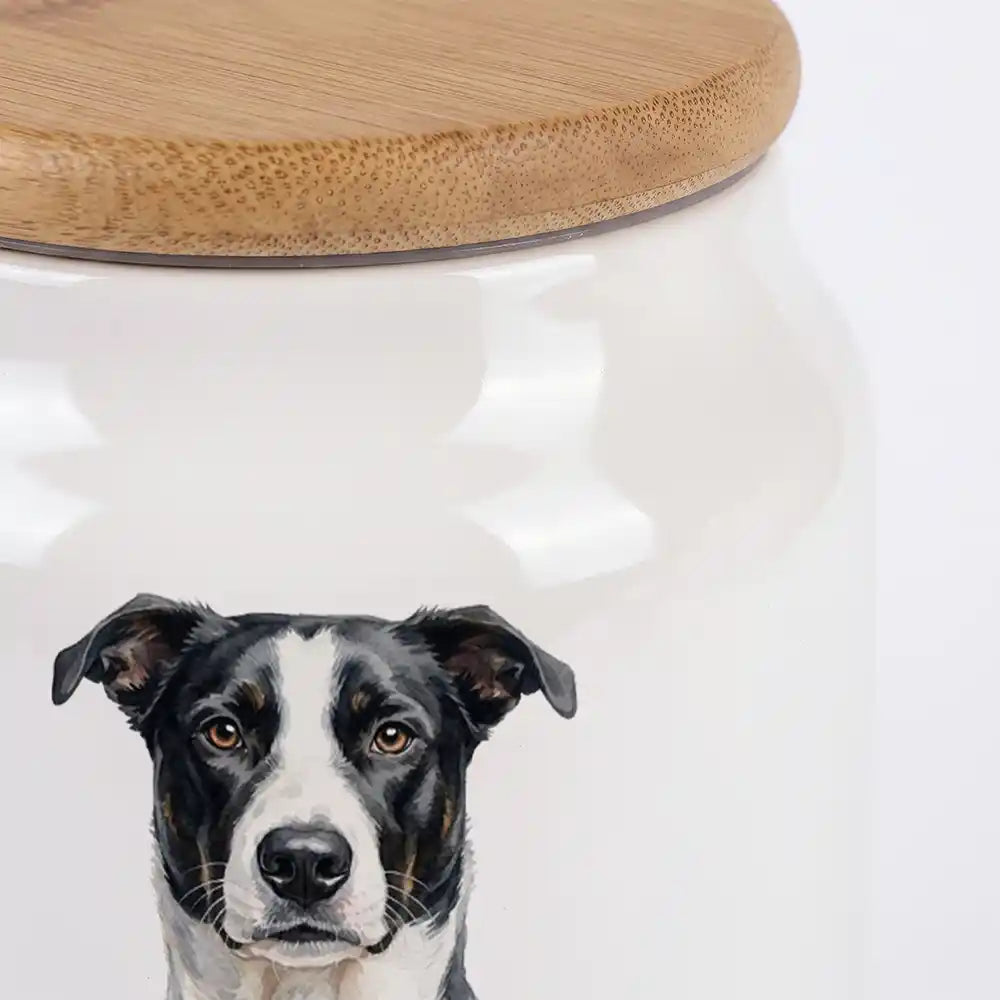 Personalisierte Hundeurne Foto & Wildblumen – Nahaufnahme der glänzenden Keramik und des Bambusdeckels
