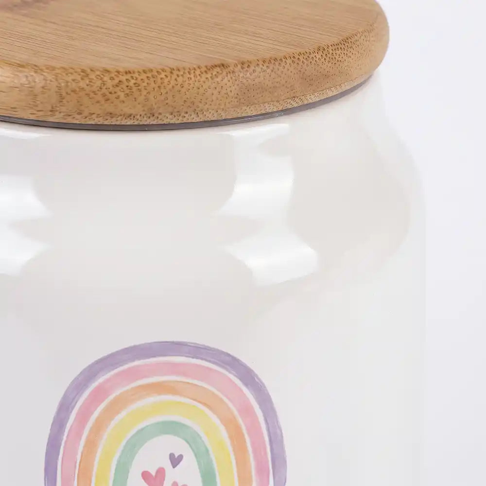 Personalisierte Tierurne Regenbogen Pastell – Nahaufnahme der glänzenden Keramik und des Bambusdeckels