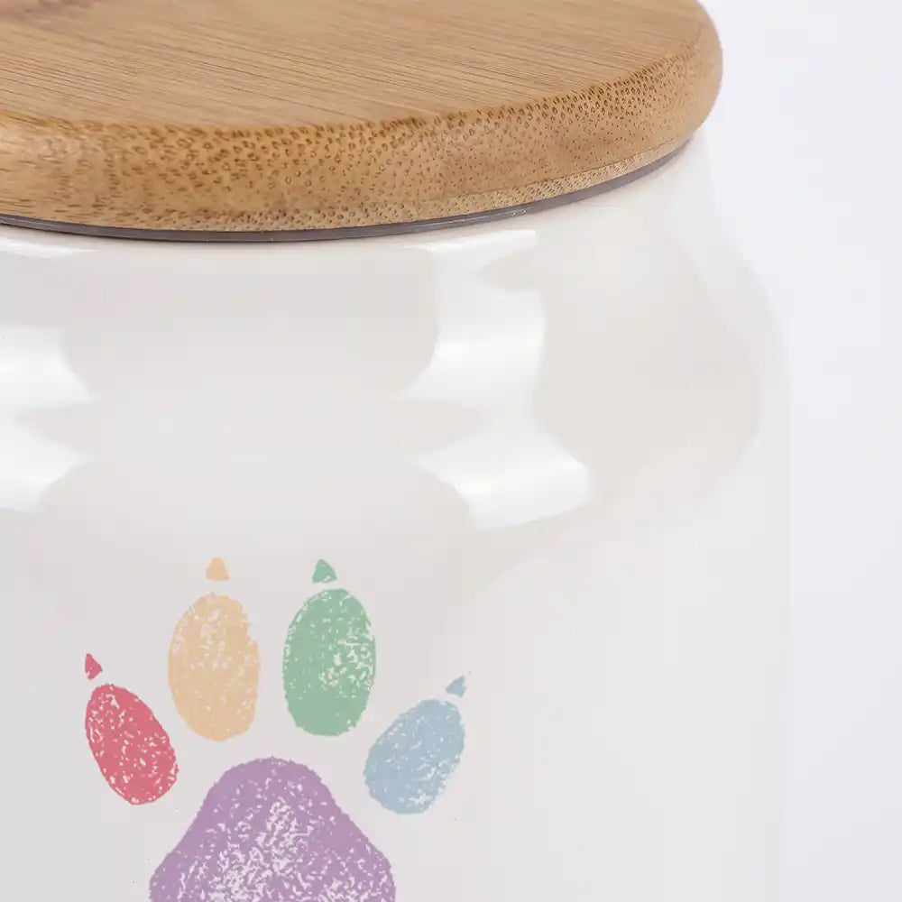 Personalisierte Tierurne Aquarell-Pfote – Nahaufnahme der glänzenden Keramik und des Bambusdeckels