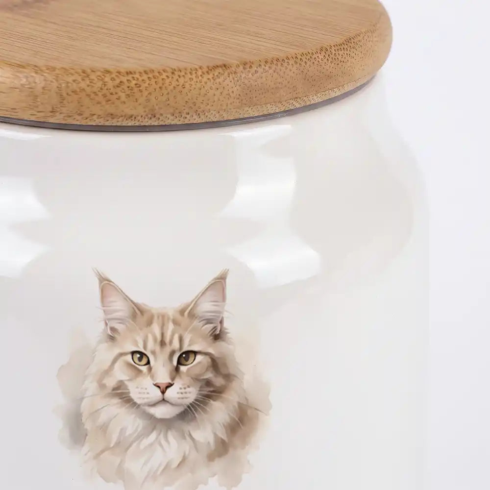 Personalisierte Katzenurne Foto · Du fehlst – Nahaufnahme der glänzenden Keramik und des Bambusdeckels