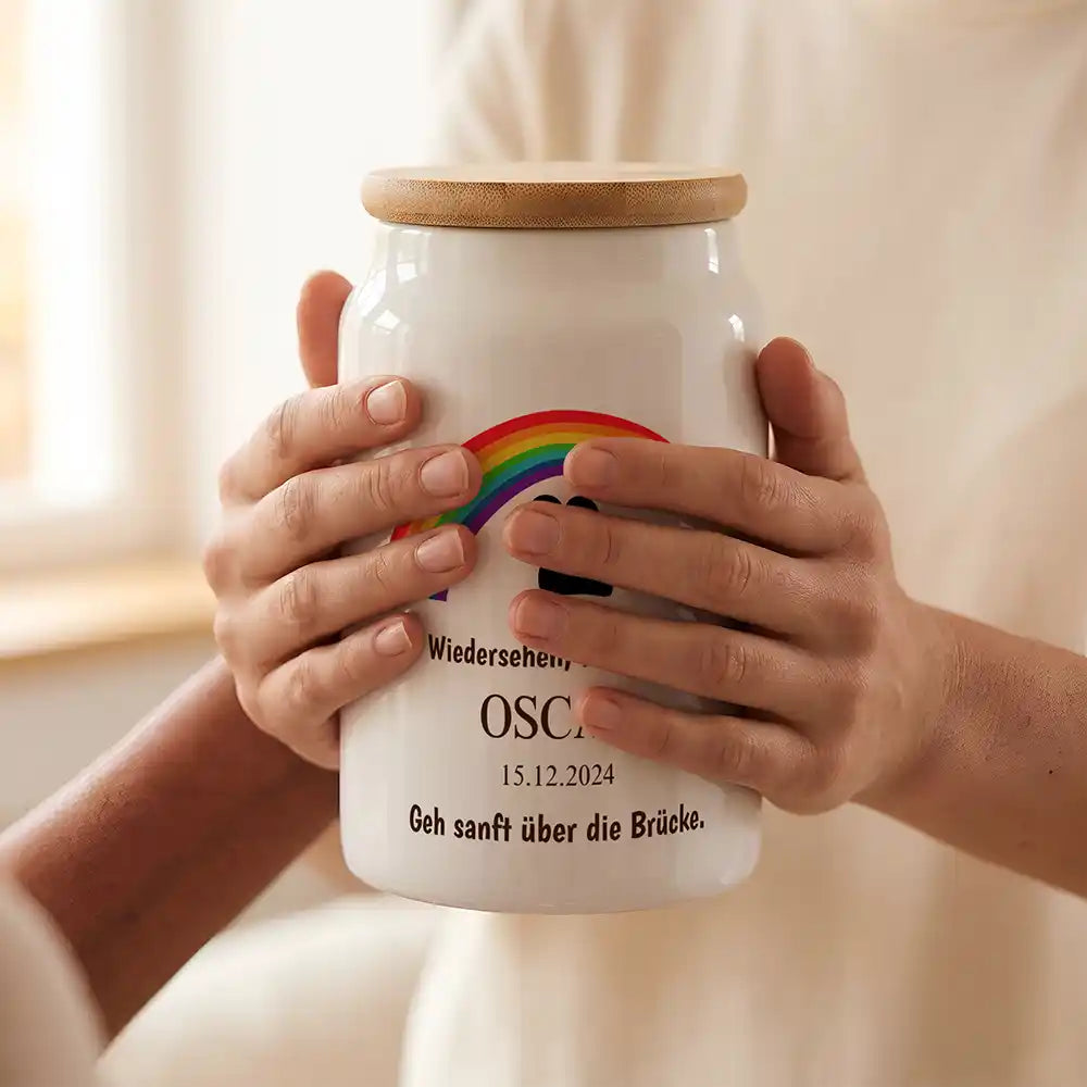 Personalisierte Tierurne Regenbogen Bunt – in zwei Händen gehalten als Andenken