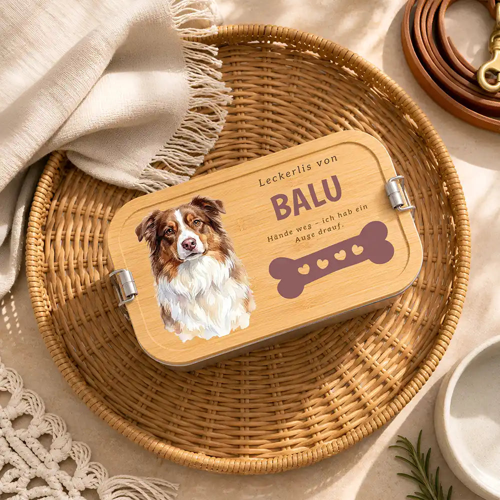 Personalisierte Leckerlidose Hund Pfötchen mit Knochen – Hauptbild Edelstahl-Bambus 3