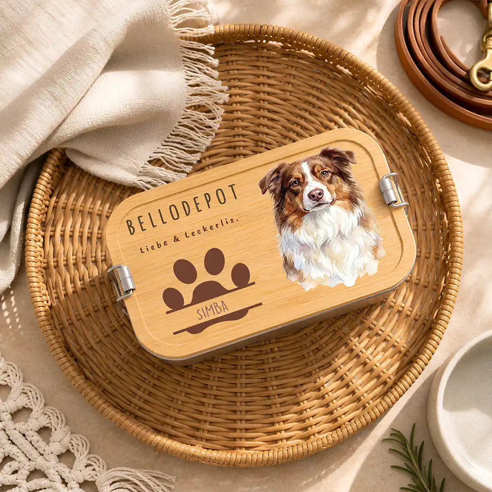 Personalisierte Leckerlidose Hund Bellodepot mit Pfoten-Trio – Hauptbild Edelstahl-Bambus 3