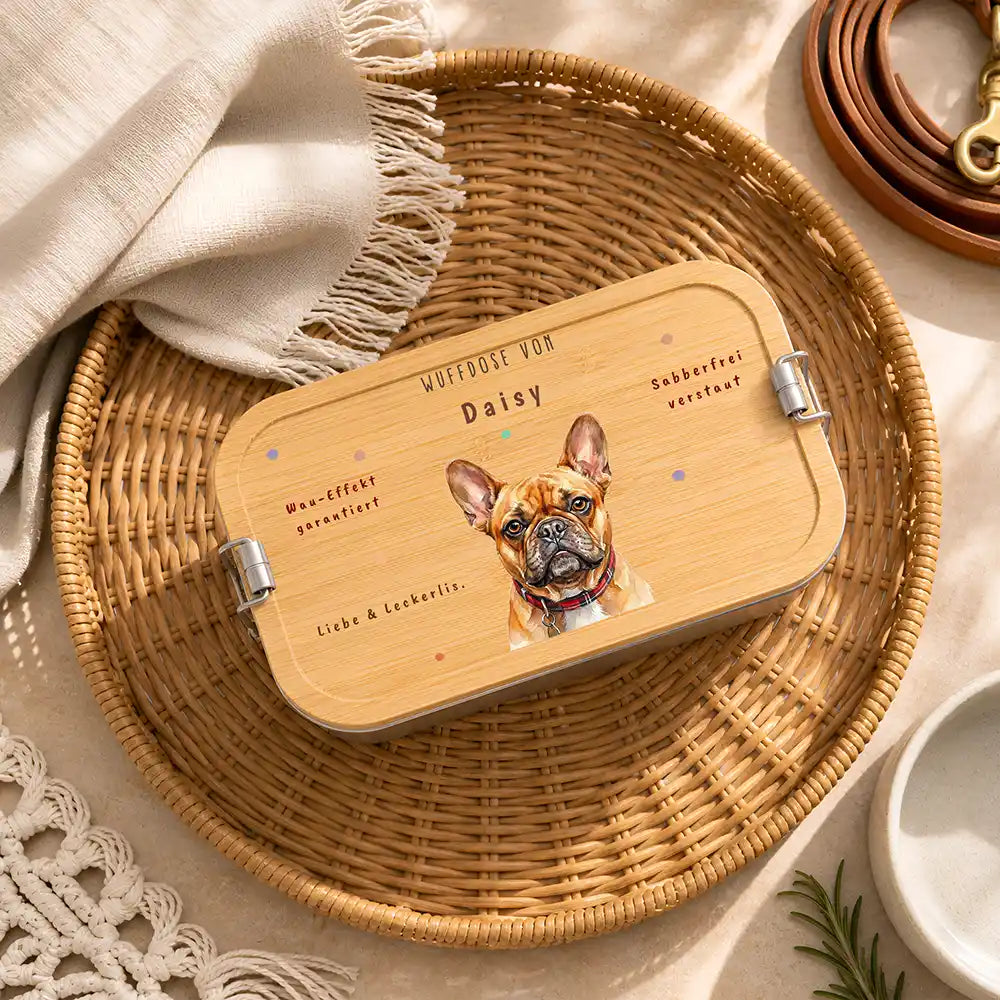 Personalisierte Leckerlidose Hund Wuffdose mit Knochen-Pfote – Hauptbild Edelstahl-Bambus 3
