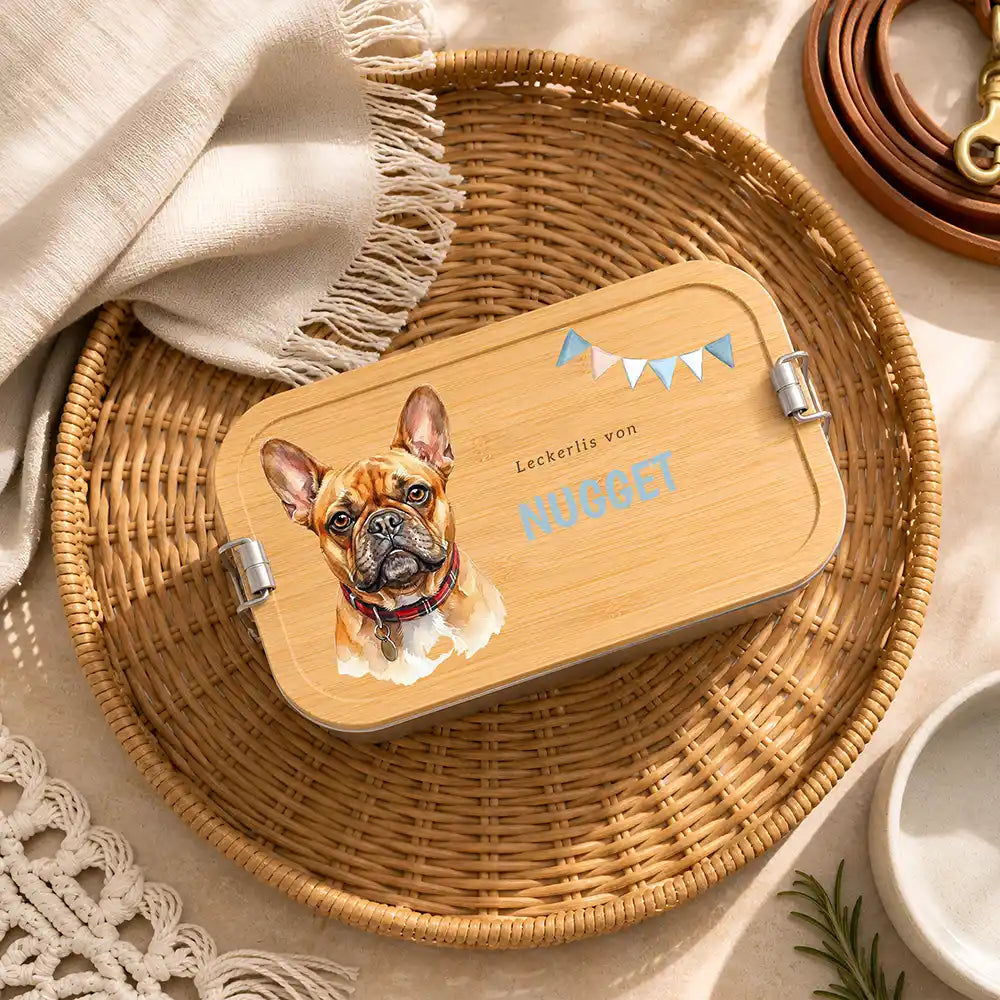 Personalisierte Leckerlidose Hund Klassisch Schlicht – Hauptbild Edelstahl-Bambus 3