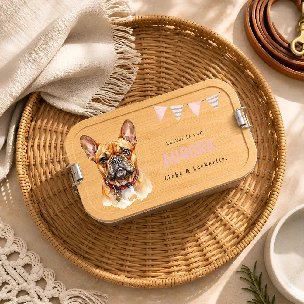 Personalisierte Leckerlidose Hund Wildblumen-Akzent – Hauptbild Edelstahl-Bambus 3