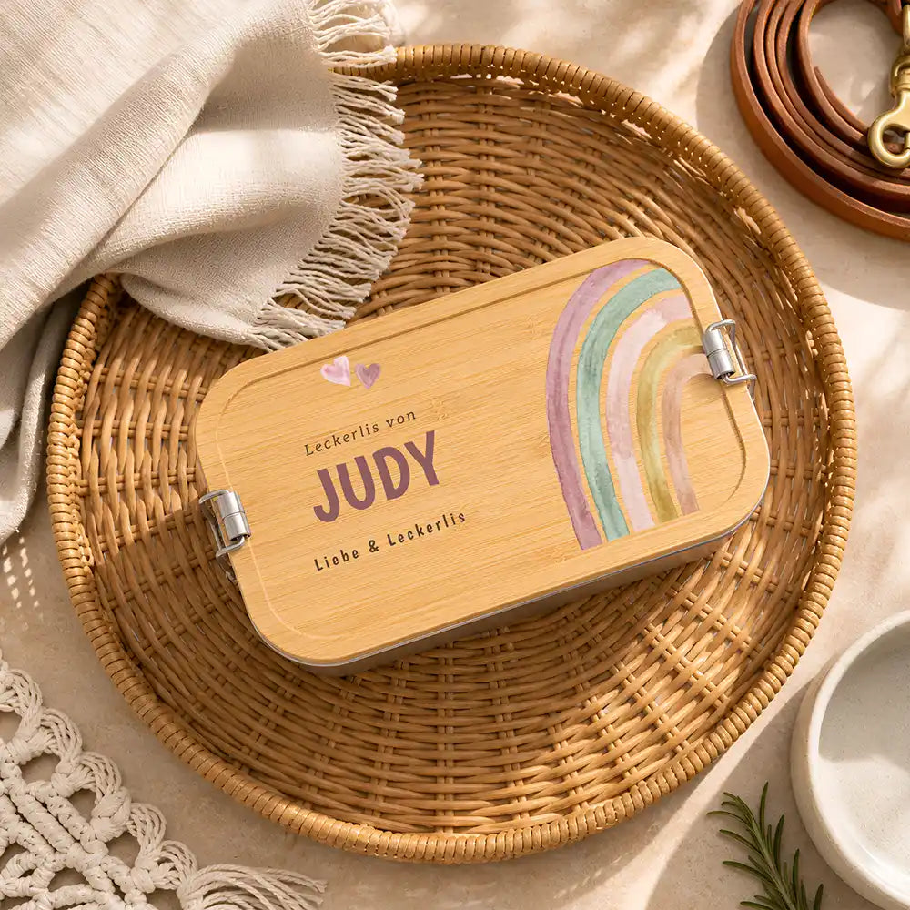 Personalisierte Leckerlidose Hund & Katze Regenbogen pastell (universal) – Hauptbild Edelstahl-Bambus 3