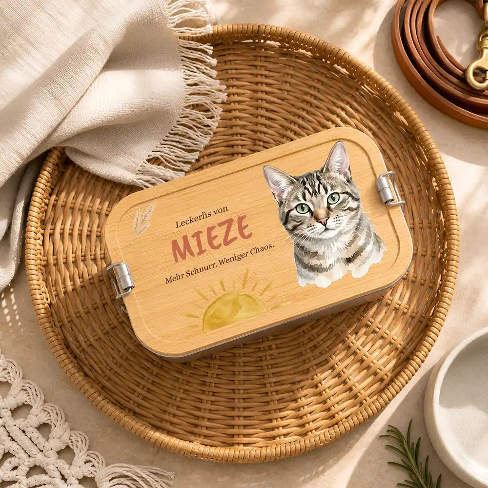 Personalisierte Leckerlidose Katze Schnurr-Snacks Sonnenaufgang – Hauptbild Edelstahl-Bambus 3