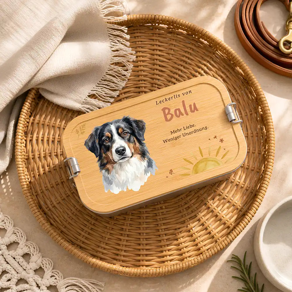Personalisierte Leckerlidose Hund Sonne mit Streublumen – Hauptbild Edelstahl-Bambus 3