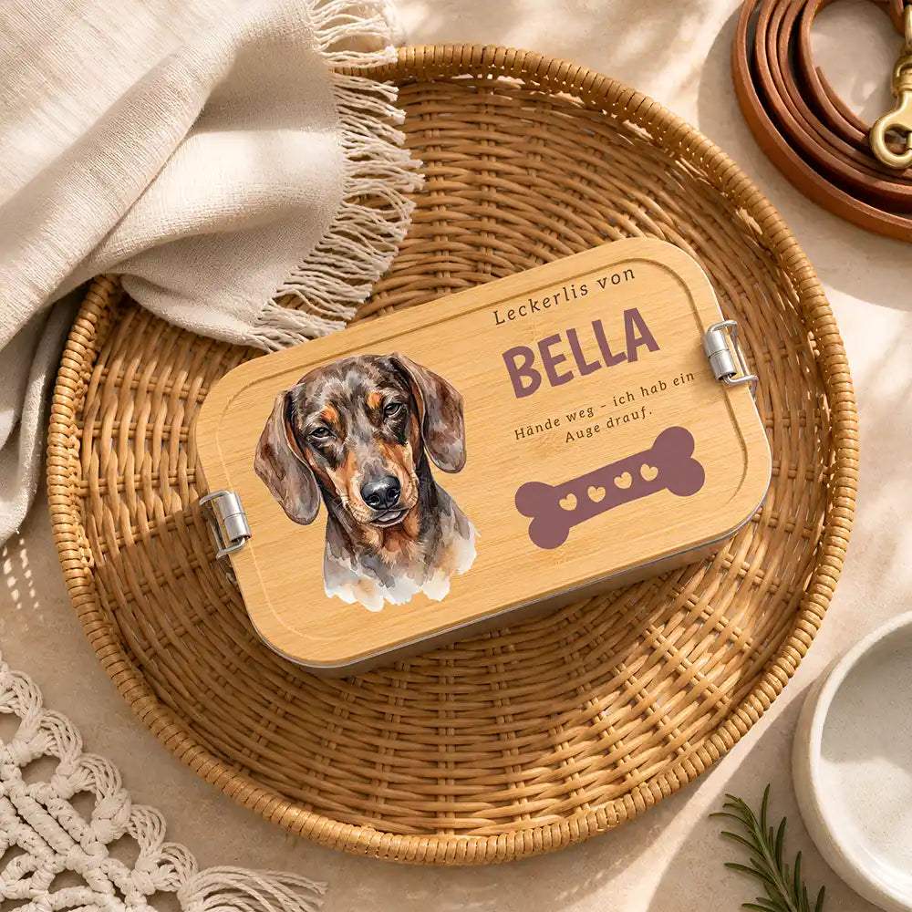 Personalisierte Leckerlidose Hund Pfötchen mit Knochen – Hauptbild Edelstahl-Bambus 3 mit Australian Shepherd Variante 3