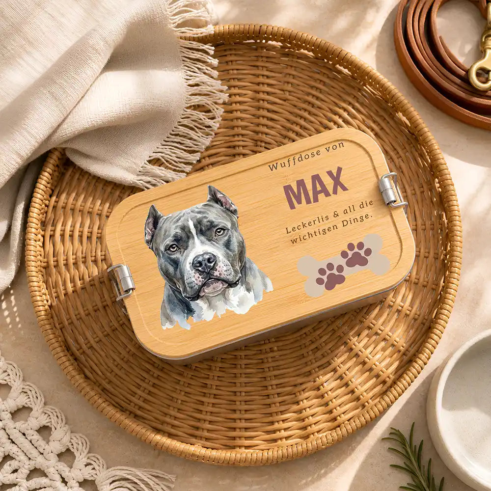 Personalisierte Leckerlidose Hund Wuffdose mit Pfötchen-Knochen – Hauptbild Edelstahl-Bambus 3 mit Dackel Variante 3