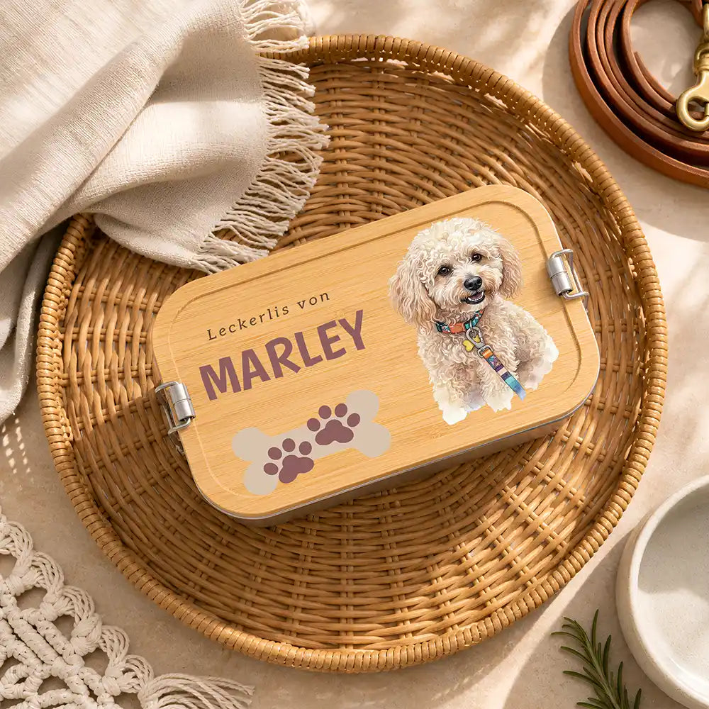 Personalisierte Leckerlidose Hund Klassisch mit Pfötchen-Trio – Hauptbild Edelstahl-Bambus 3 mit French Bulldog Variante 3