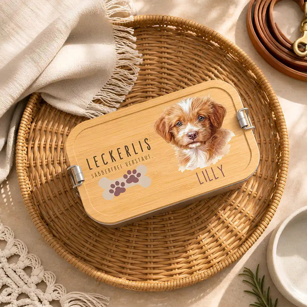 Personalisierte Leckerlidose Hund Pfötchen-Akzent klassisch – Hauptbild Edelstahl-Bambus 3 mit Bullie / American Staffords...