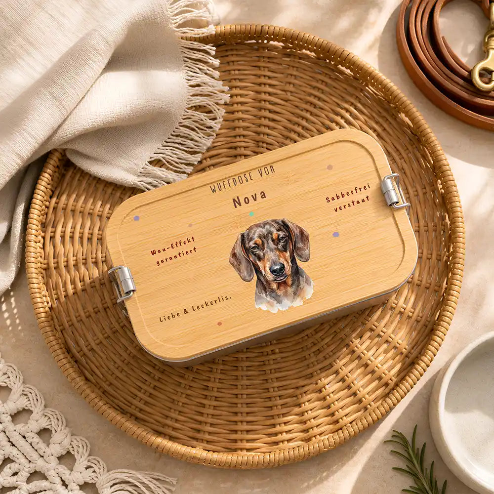 Personalisierte Leckerlidose Hund Wuffdose mit Knochen-Pfote – Hauptbild Edelstahl-Bambus 3 mit Australian Shepherd Varian...