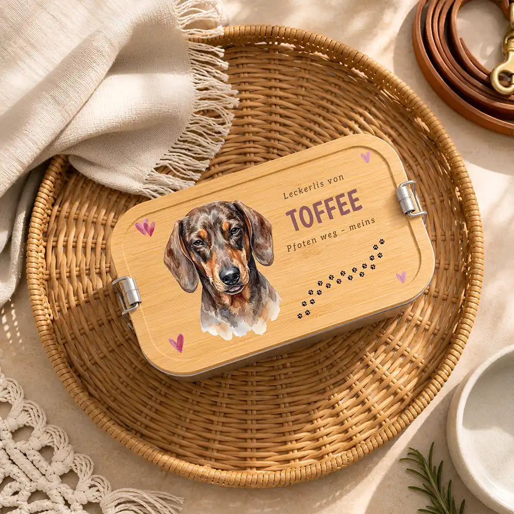 Personalisierte Leckerlidose Hund Knochen mit Herz-Pfote – Hauptbild Edelstahl-Bambus 3 mit Australian Shepherd Variante 3