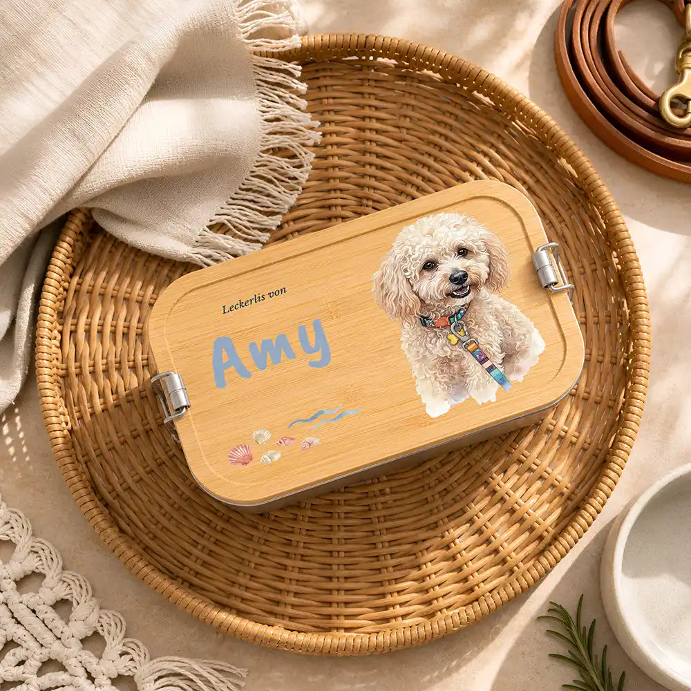 Personalisierte Leckerlidose Hund Strand & Muscheln – Hauptbild Edelstahl-Bambus 3 mit French Bulldog (fawn) Variante 3