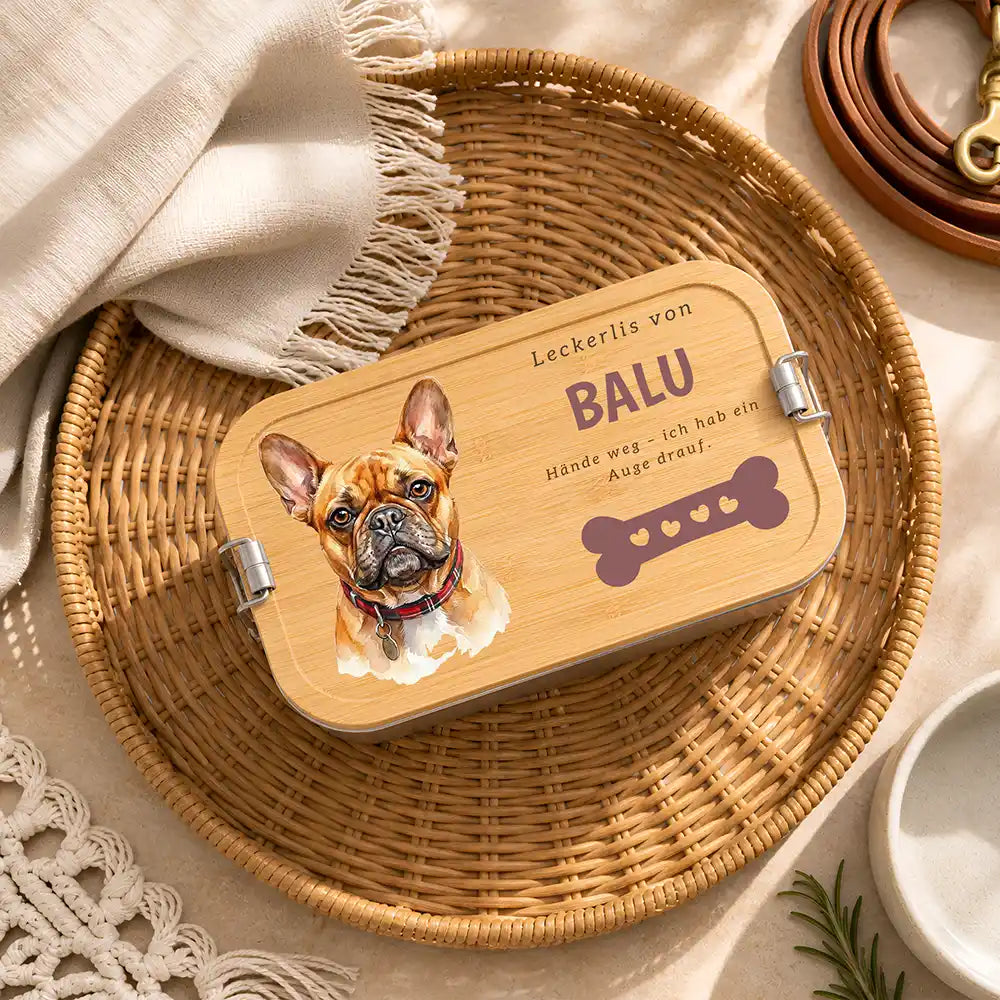 Personalisierte Leckerlidose Hund Pfötchen mit Knochen – Hauptbild Edelstahl-Bambus 3 mit Australian Shepherd Variante 5