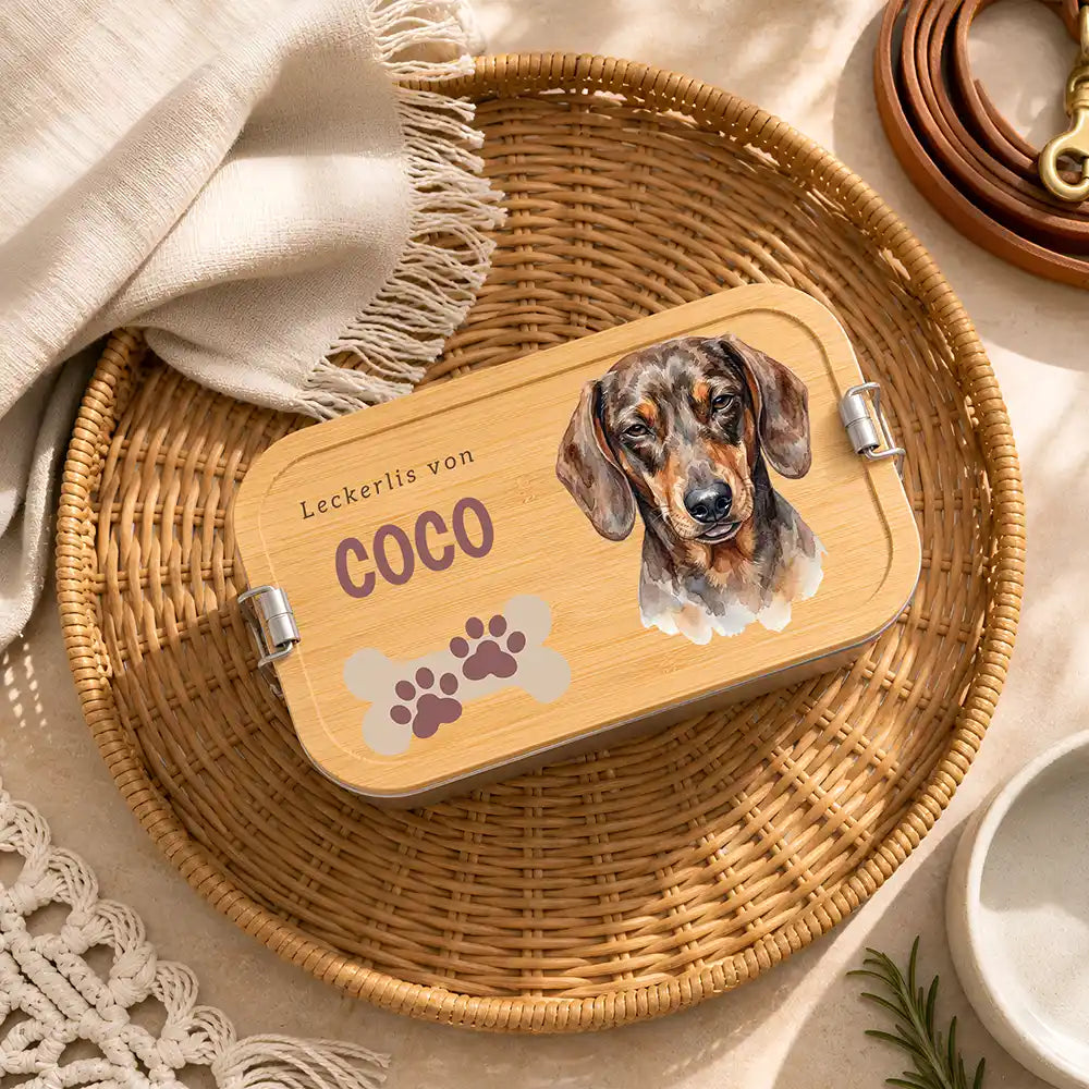 Personalisierte Leckerlidose Hund Klassisch mit Pfötchen-Trio – Hauptbild Edelstahl-Bambus 3 mit French Bulldog Variante 5
