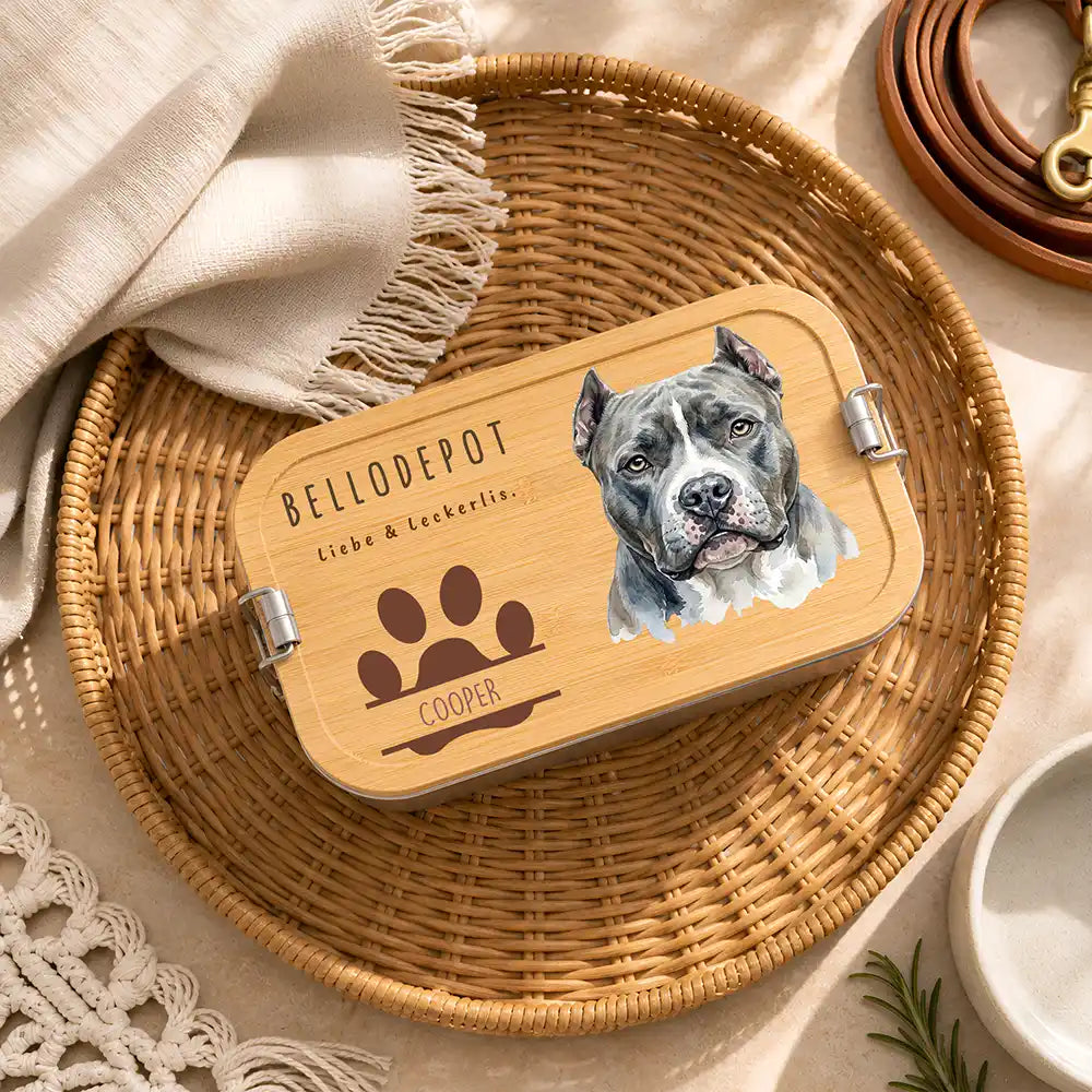 Personalisierte Leckerlidose Hund Bellodepot mit Pfoten-Trio – Hauptbild Edelstahl-Bambus 3 mit Australian Shepherd Varian...
