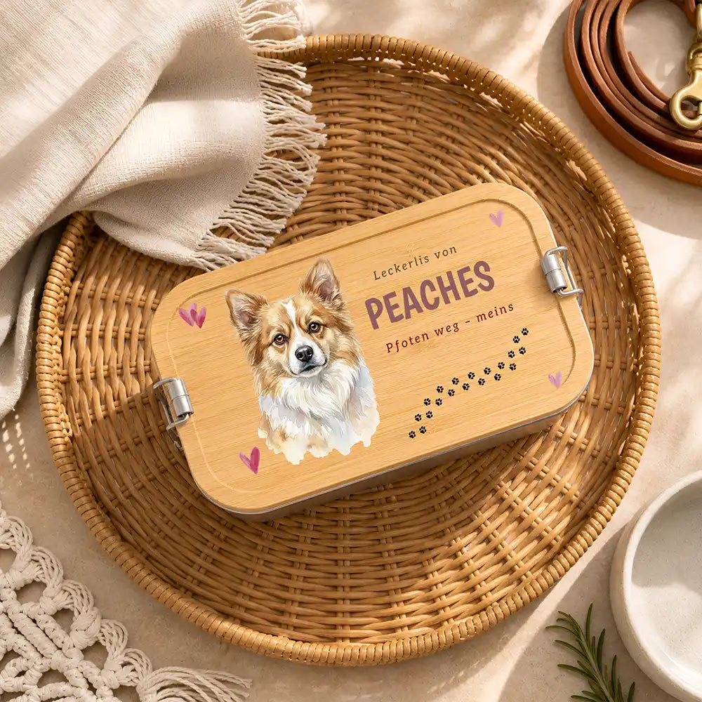 Personalisierte Leckerlidose Hund Knochen mit Herz-Pfote – Hauptbild Edelstahl-Bambus 3 mit Australian Shepherd Variante 5