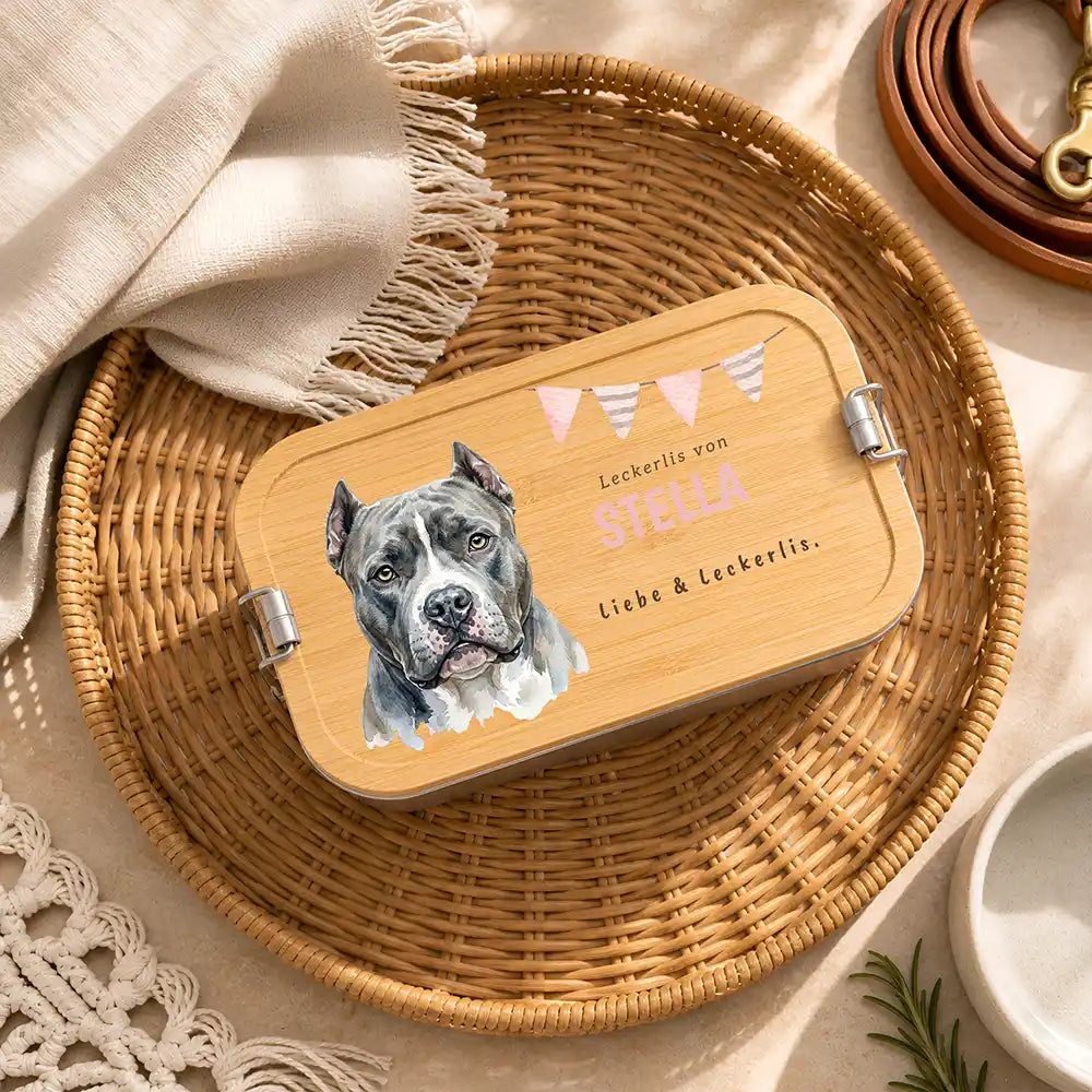 Personalisierte Leckerlidose Hund Wildblumen-Akzent – Hauptbild Edelstahl-Bambus 3 mit Dackel Variante 5