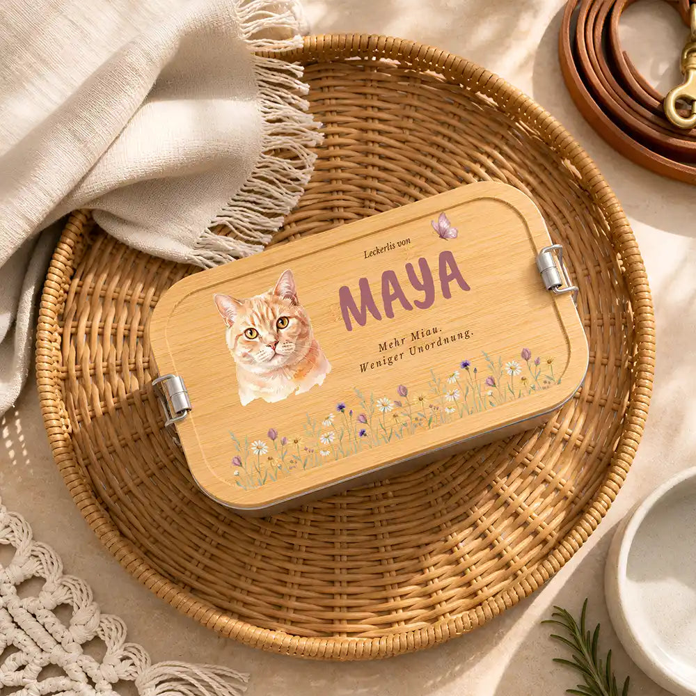 Personalisierte Leckerlidose Katze Wildblumen Sommerwiese – Hauptbild Edelstahl-Bambus 3 mit Perserkatze / Exotic Variante 5